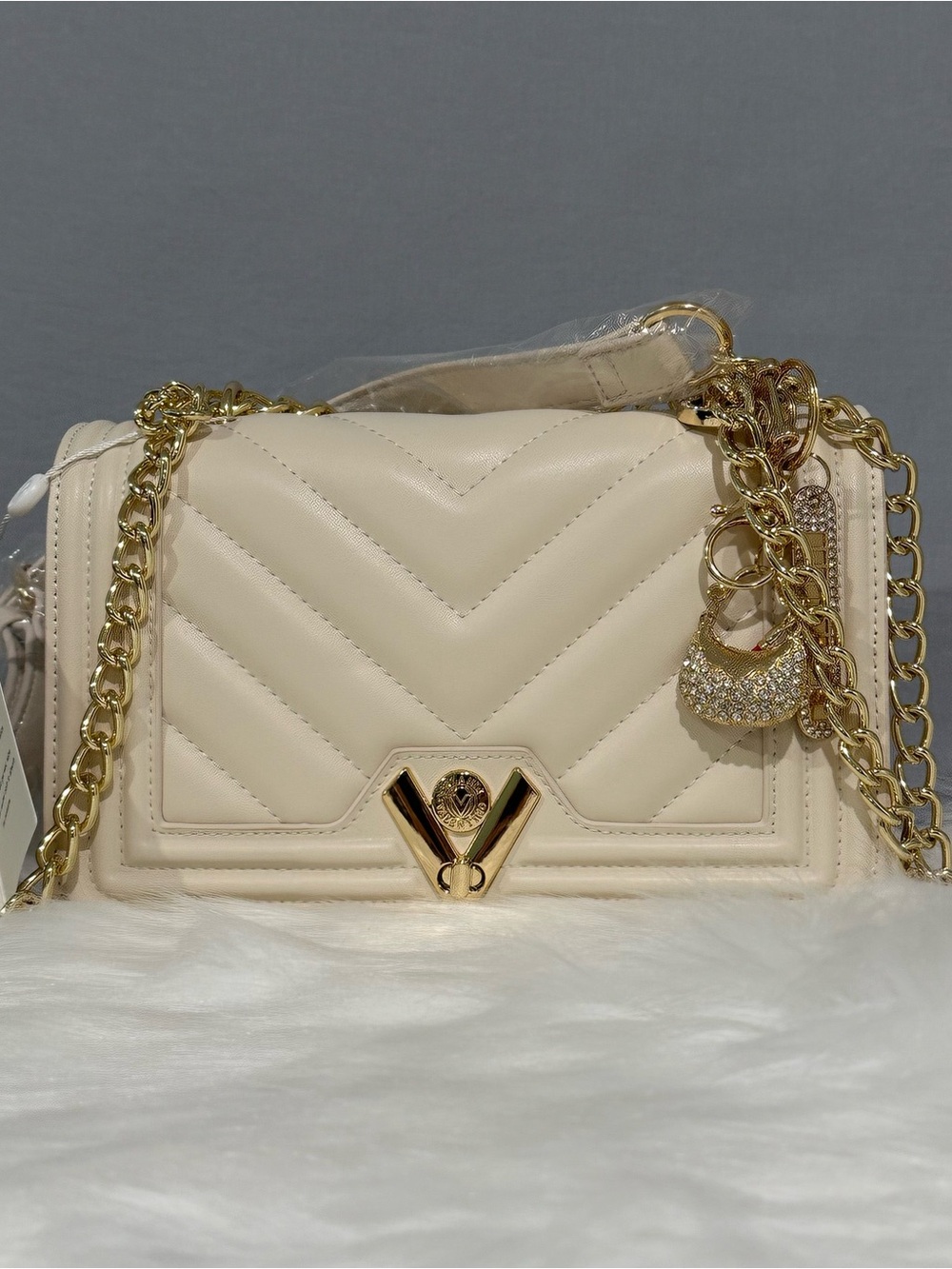 Valentino Orlandi Cream Quilted Chevron Shoulder Bag with Gold Chain